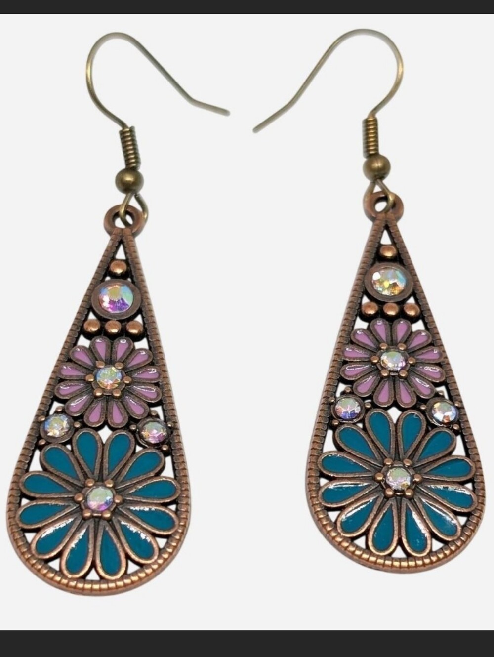 Boho Teardrop Earrings with Turquoise & Lavender Flowers